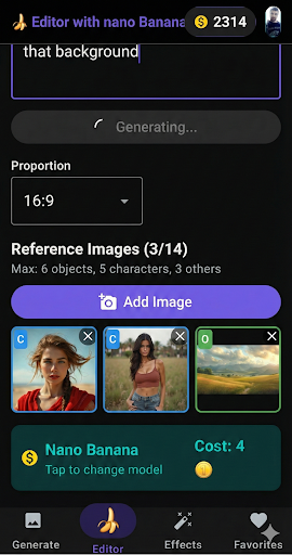 Nano banana editor de fotos IA ekran görüntüsü
