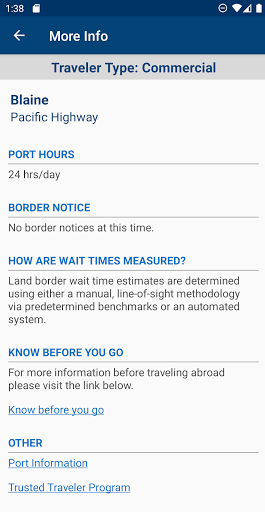CBP Border Wait Times ekran görüntüsü