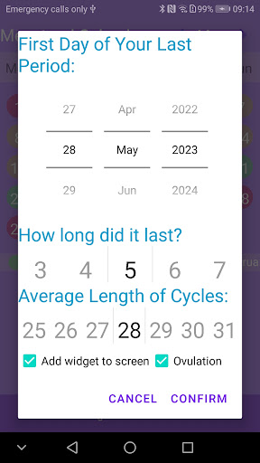 Menstrual calendar ekran görüntüsü