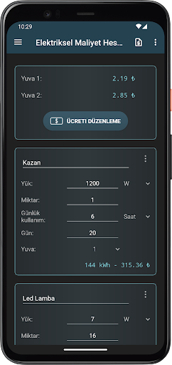 Elektriksel Maliyet Hesabı ekran görüntüsü