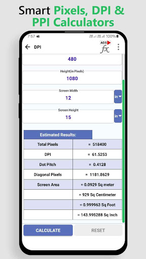 Pixels, DPI & PPI Calculator ekran görüntüsü