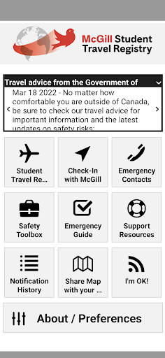 McGill Student Travel Registry ekran görüntüsü
