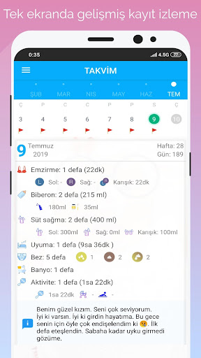 Gün Gün Bebek Bakımı, Takibi ekran görüntüsü