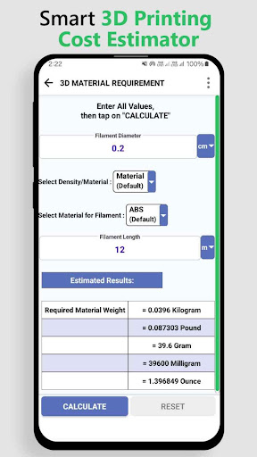 3D Printing Cost Estimator ekran görüntüsü