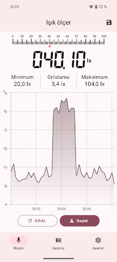 Işık ölçer, lüks ölçer ekran görüntüsü