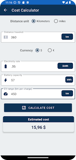 Electric Vehicle Calculator ekran görüntüsü
