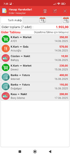 Hesabım, Harcama, Cüzdan, Kasa ekran görüntüsü