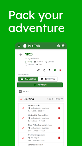 PackTrek | Outdoor pack lists ekran görüntüsü
