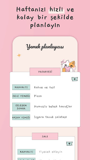 Haftalık menü, Yemek planlama ekran görüntüsü
