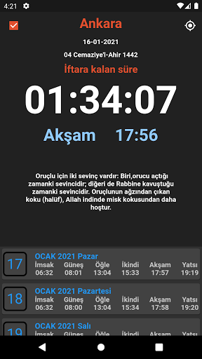 iftar vakti ve namaz vakitleri ekran görüntüsü