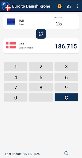 Euro to Danish Krone converter ekran görüntüsü