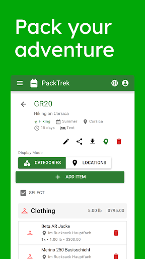 PackTrek | Outdoor pack lists ekran görüntüsü