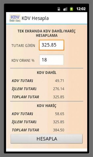 KDV Hesapla - kdv dahil hariç ekran görüntüsü